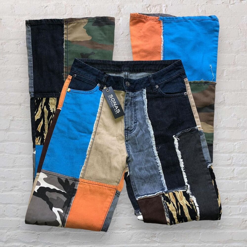 Patchwork pattern flare jeans!